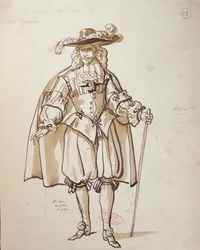 Projekt kostiumu do przedstawienia „Don Juan” Moliera (1622–73) w Komedii Francuskiej z 1847 r. (pióro i atrament i toaleta na papierze)